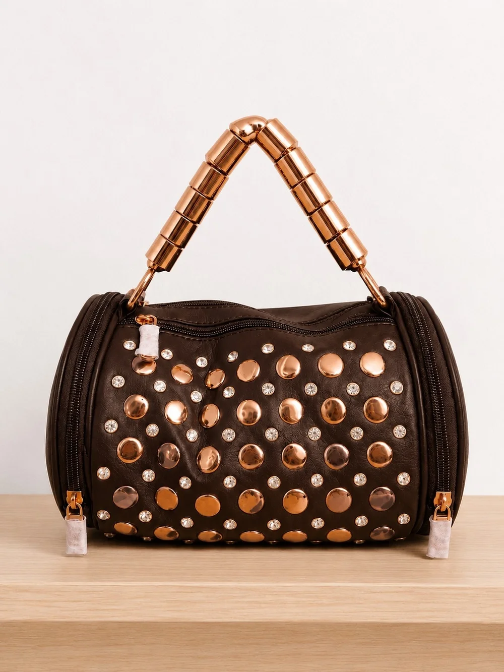 Studded Barrel Satchel Bag in Dark Brown with Rose Gold Accents